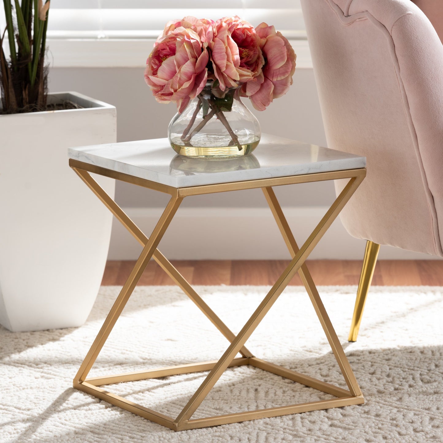 Square Top X Base Coffee Table Marble Texture Top