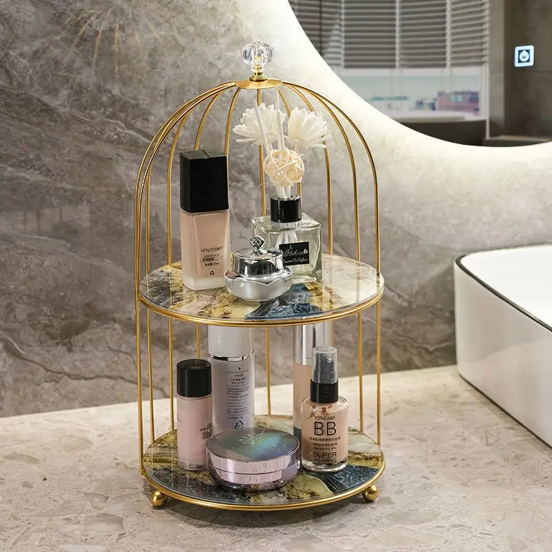 Double shelf Iron bird cage rack lipstick perfume cosmetics skin care products storage rack finishing table rack bathroom cosmetics storage
