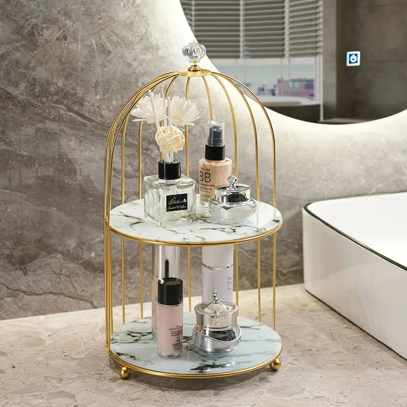 Double shelf Iron bird cage rack lipstick perfume cosmetics skin care products storage rack finishing table rack bathroom cosmetics storage