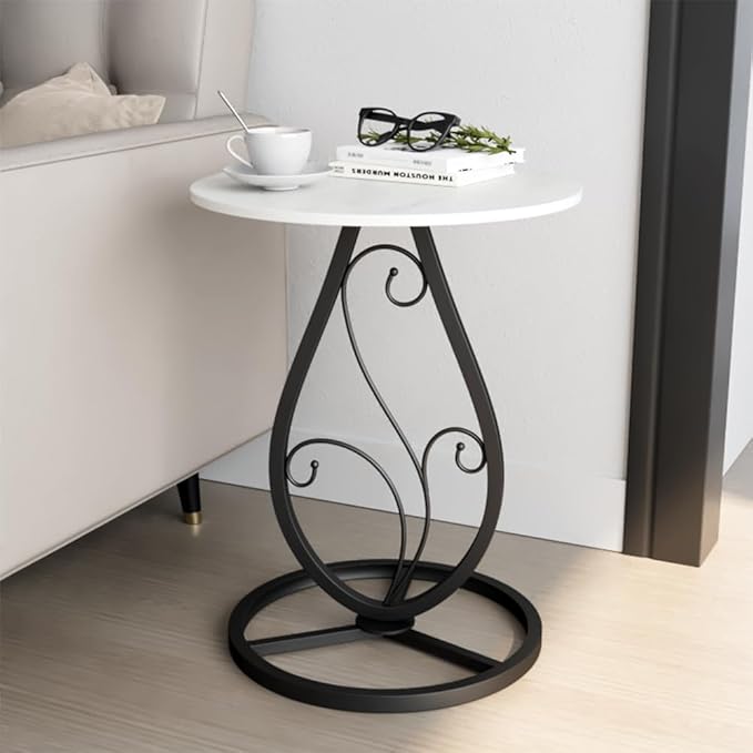 Elegance Side Table – Round White Top with Artistic Black Curved Metal Base. Perfect for Living Rooms, Bedrooms, or Lounges.