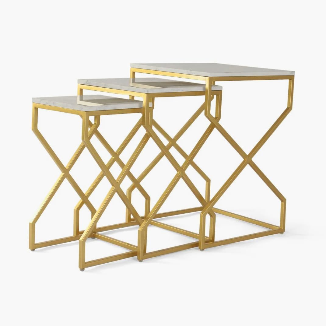 3pc Luxury Modern Style Look Nesting Table Set Gold Paint Finish