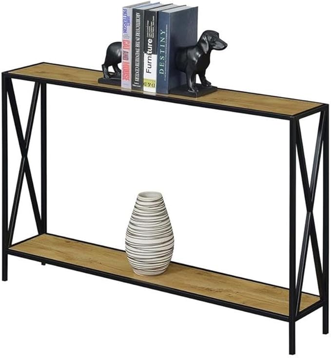 Black Metal Frame with Dual Shelves and Crossed Side Design, Perfect for Entryways, Hallways, or Behind Sofas