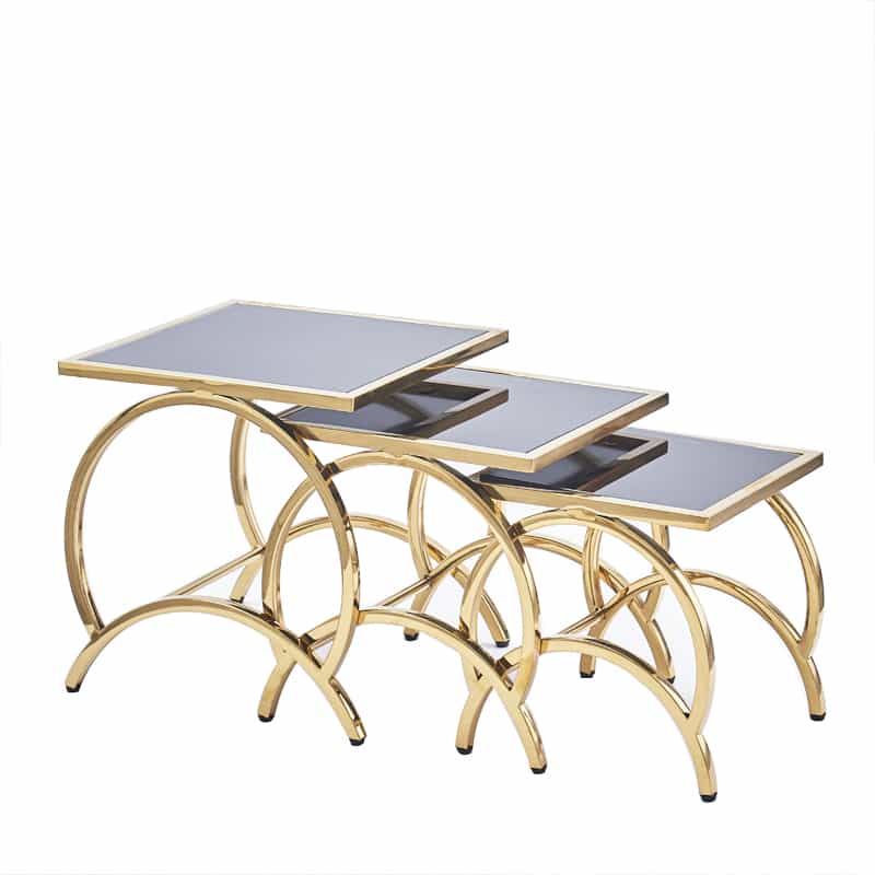 3 Piece Square Nesting Table Set - Wooden Marble Texture with Metal Frame | Metal Furniture