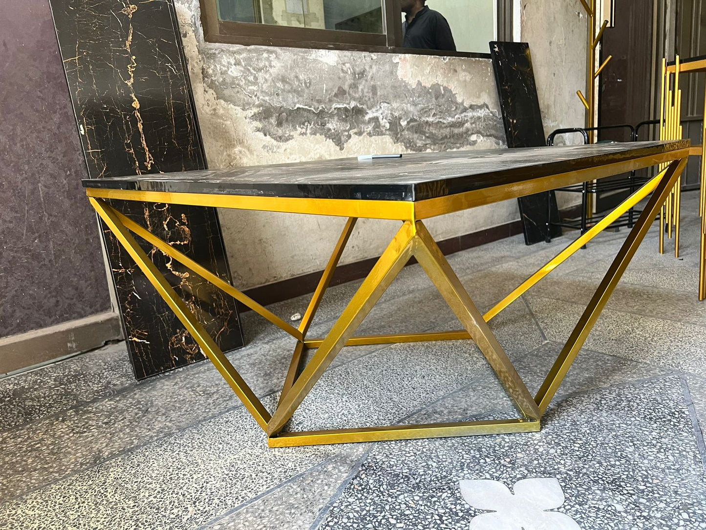 Diamond Shape Based Center Table Gold Paint Finish