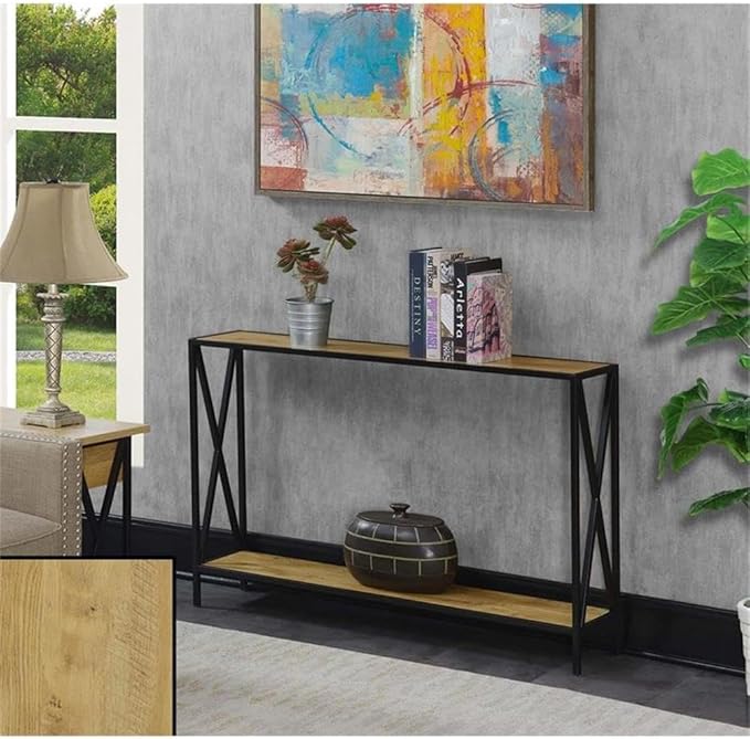 Black Metal Frame with Dual Shelves and Crossed Side Design, Perfect for Entryways, Hallways, or Behind Sofas