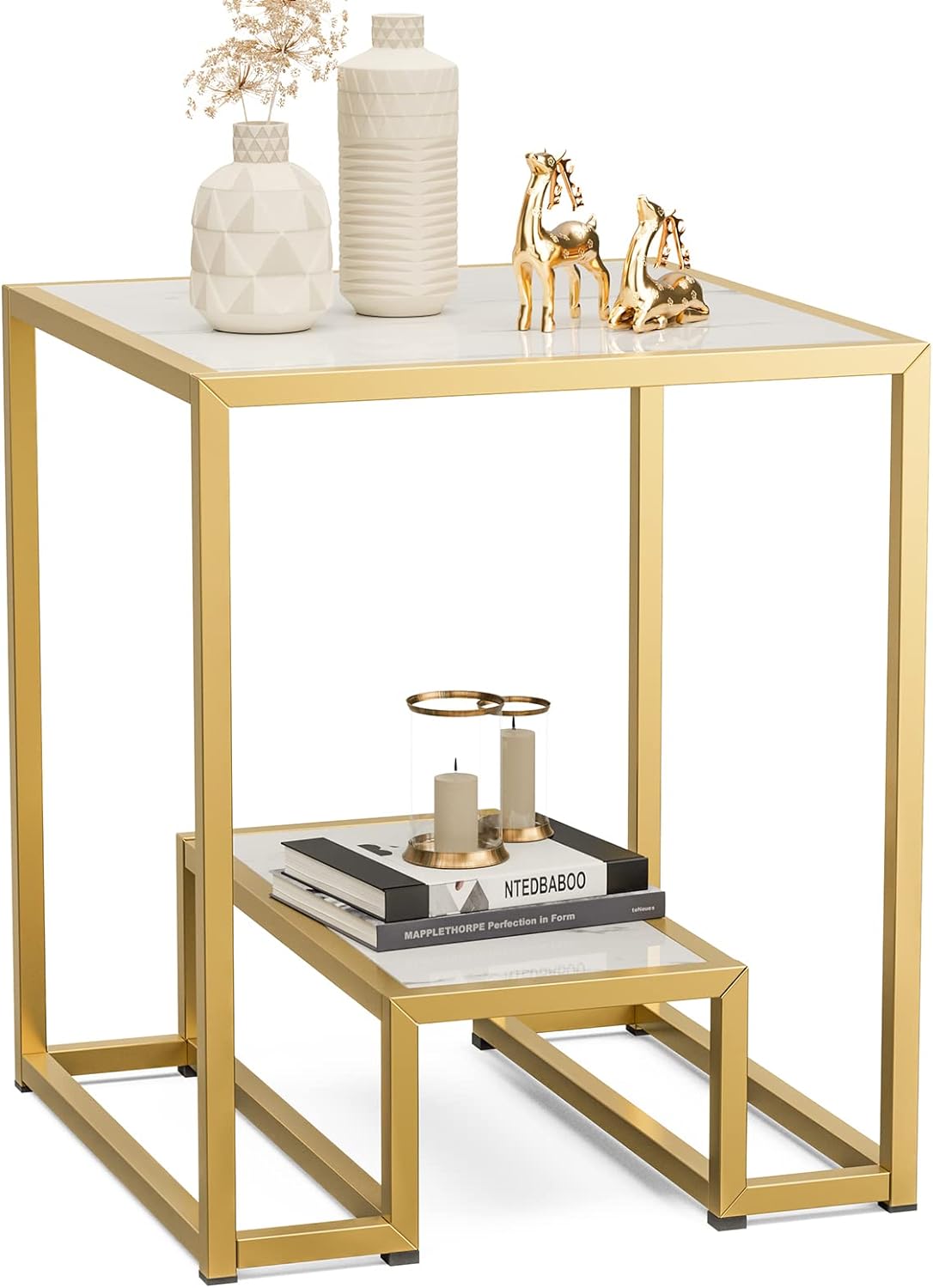 Square Top Two Tier Coffee Table Table Metal Frame End Table Elegant Look