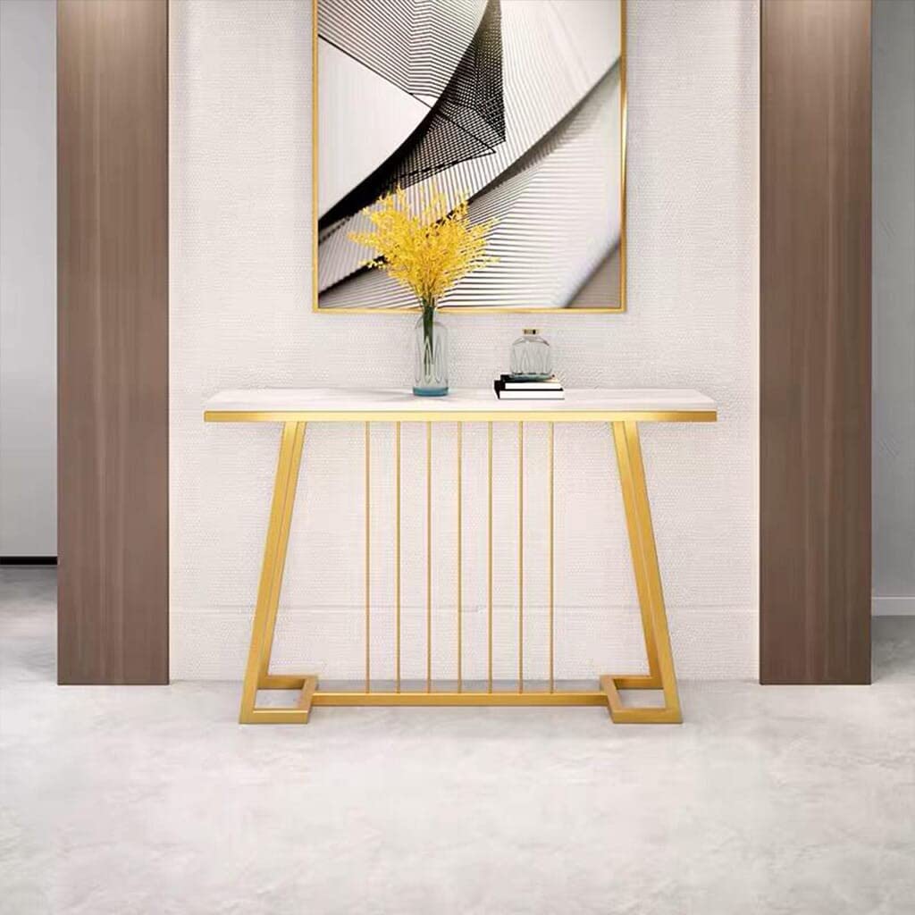 Center Rods Based Console Table White Marble Texture Living Room Table