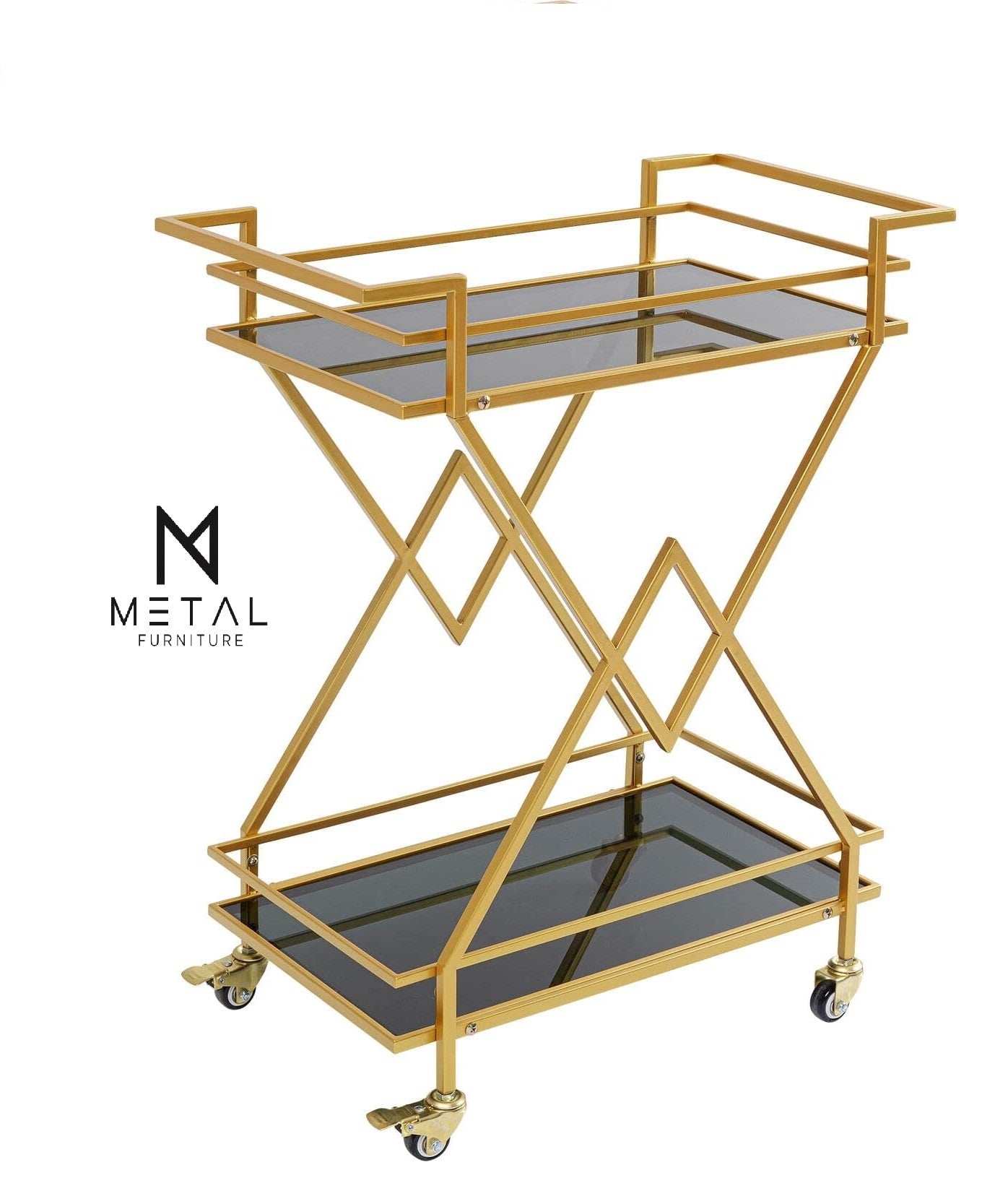 2-Tier V Shape Tea Trolley Wooden Marble Texture Modern Design