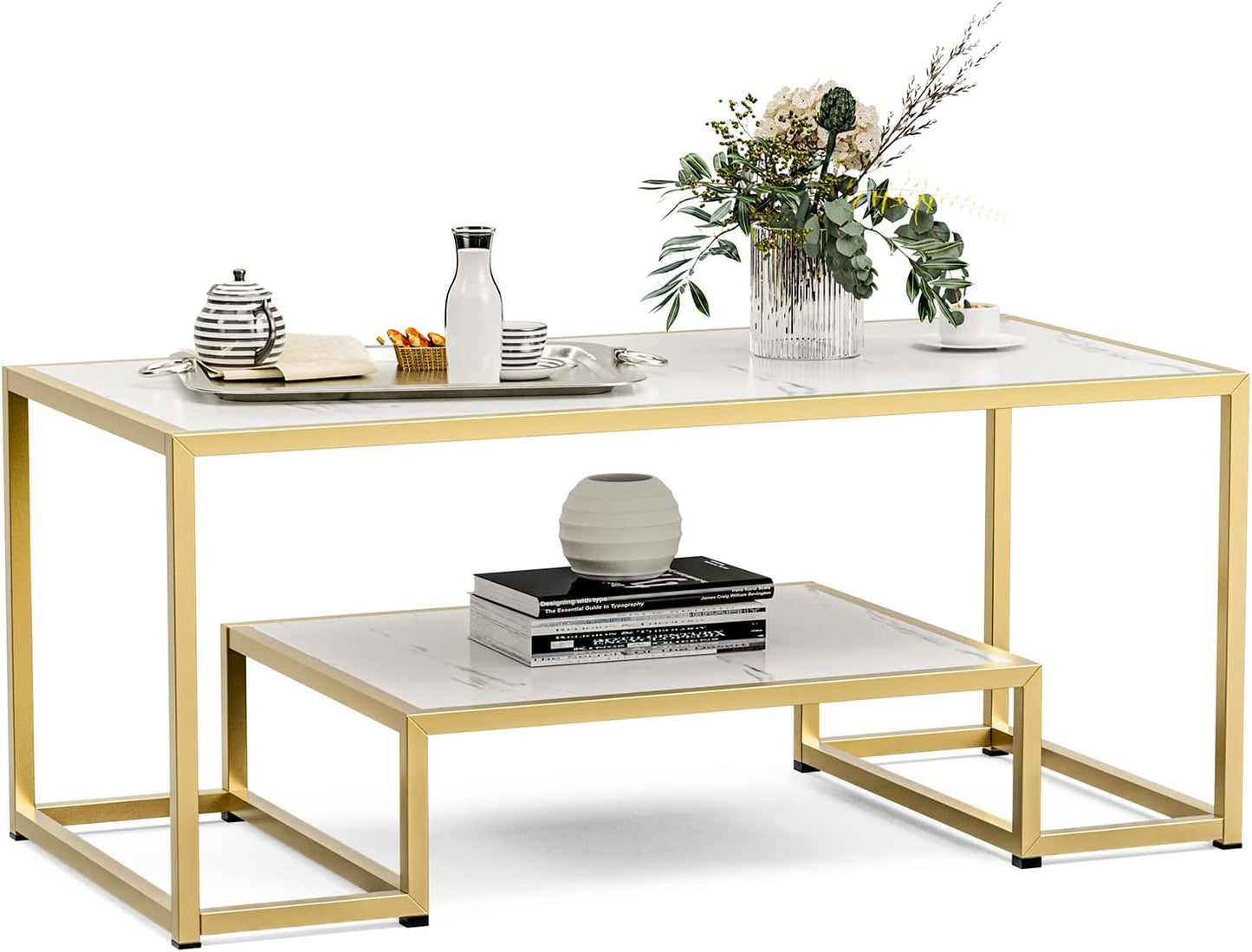 Modern Design Marble Texture Center Table Gold Paint Finish