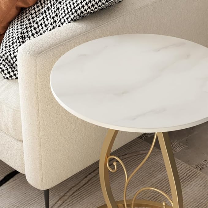 Elegance Side Table – Round White Top with Artistic Black Curved Metal Base. Perfect for Living Rooms, Bedrooms, or Lounges.