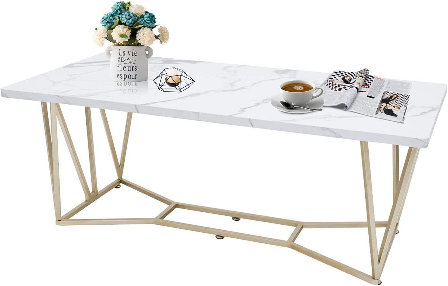 Square Center Table Gold Paint Finish Marble Texture Top