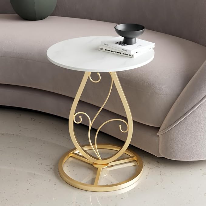 Elegance Side Table – Round White Top with Artistic Black Curved Metal Base. Perfect for Living Rooms, Bedrooms, or Lounges.
