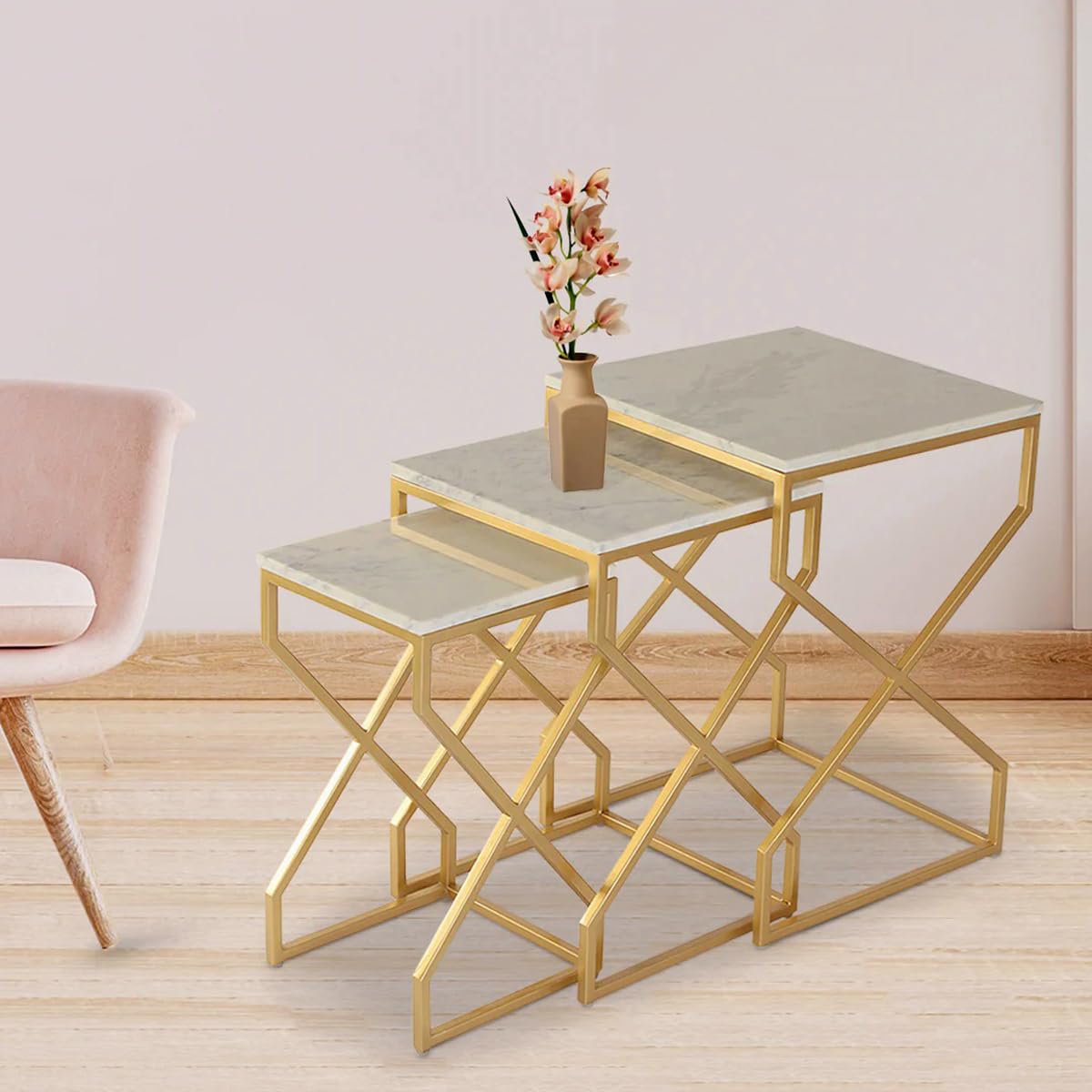 3pc Luxury Modern Style Look Nesting Table Set Gold Paint Finish