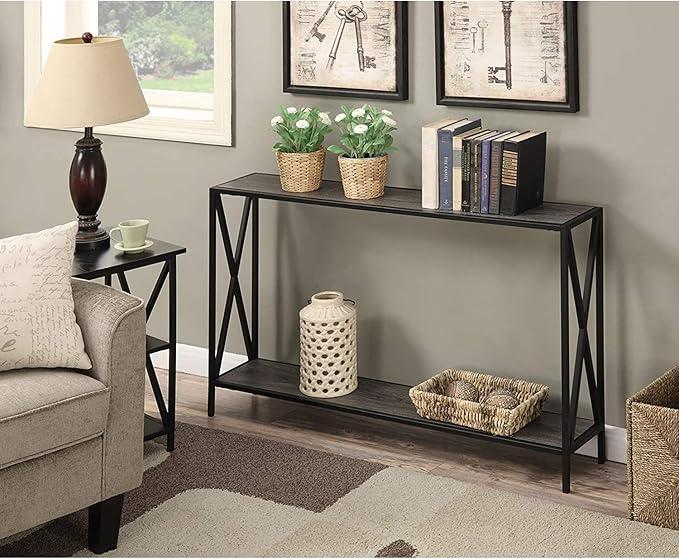 Black Metal Frame with Dual Shelves and Crossed Side Design, Perfect for Entryways, Hallways, or Behind Sofas