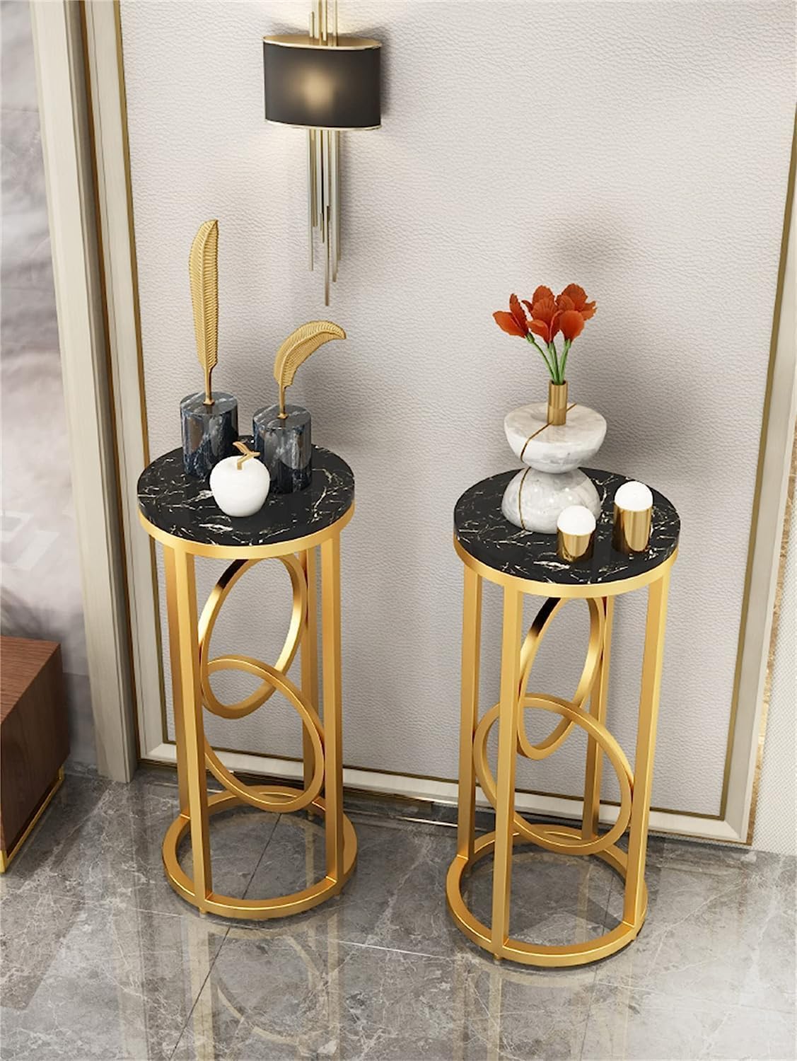 2 Pieces Round Hand Craft Nesting Table Set Gold Paint Finish