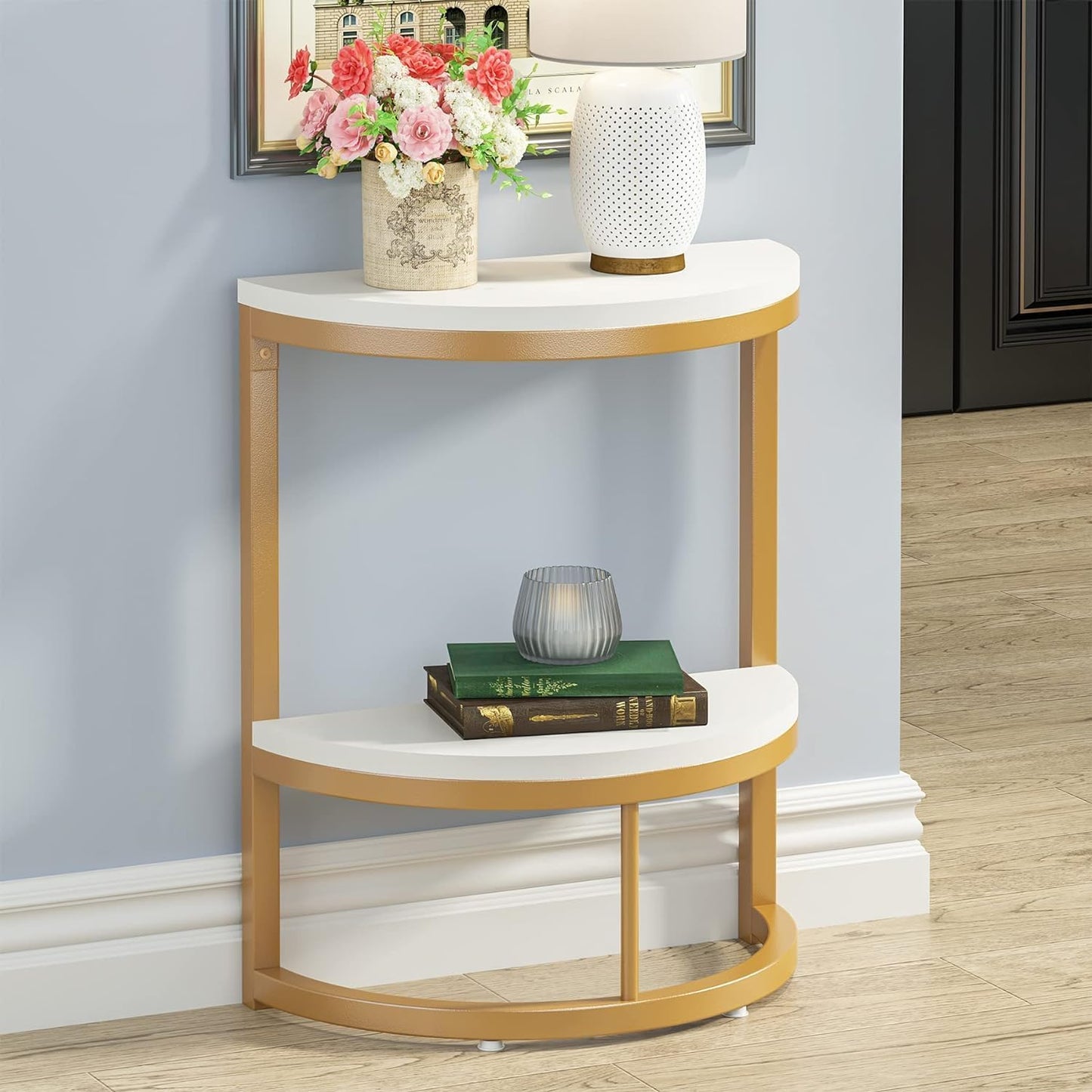 2-Tier End Table Semi Circle, Small Half Round Side Table With Storage Shelf, Space Saving Narrow Accent Sofa Couch Table For Living Room, Bedroom (Gold White)
