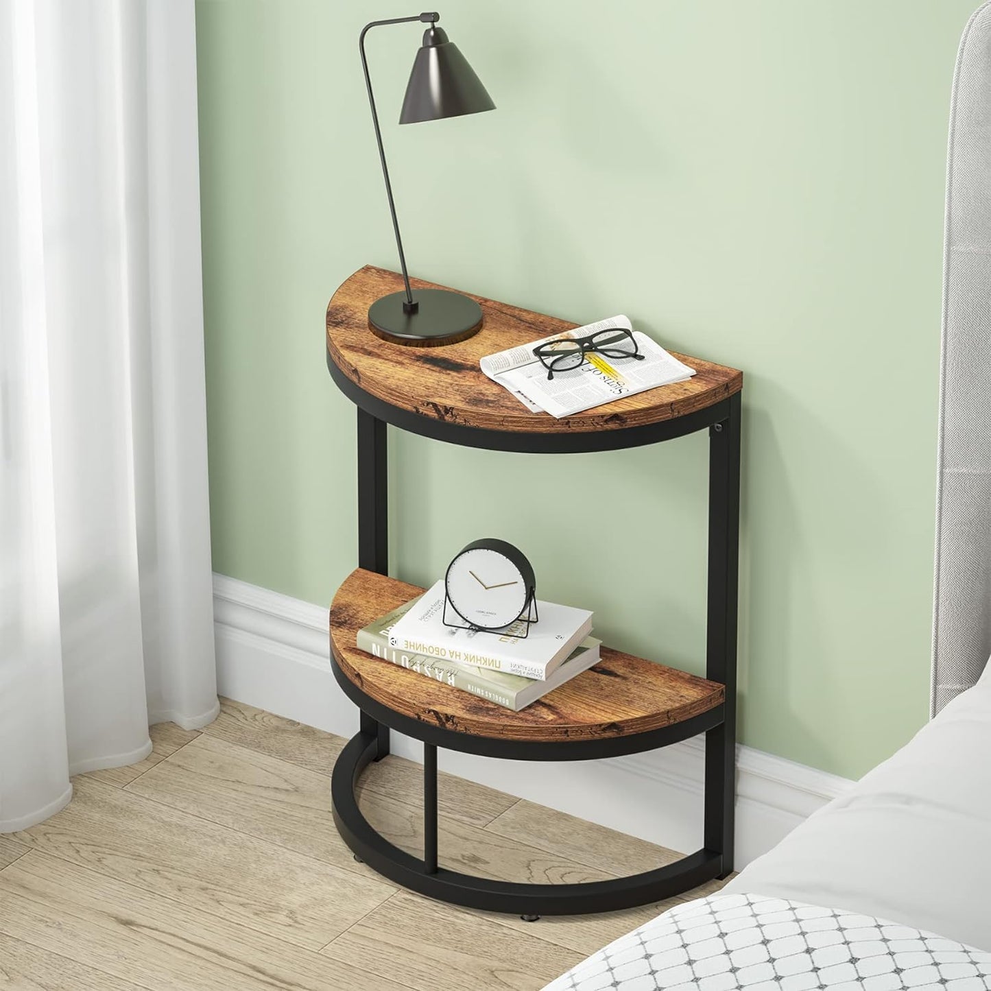2-Tier End Table Semi Circle, Small Half Round Side Table With Storage Shelf, Space Saving Narrow Accent Sofa Couch Table For Living Room, Bedroom (Gold White)