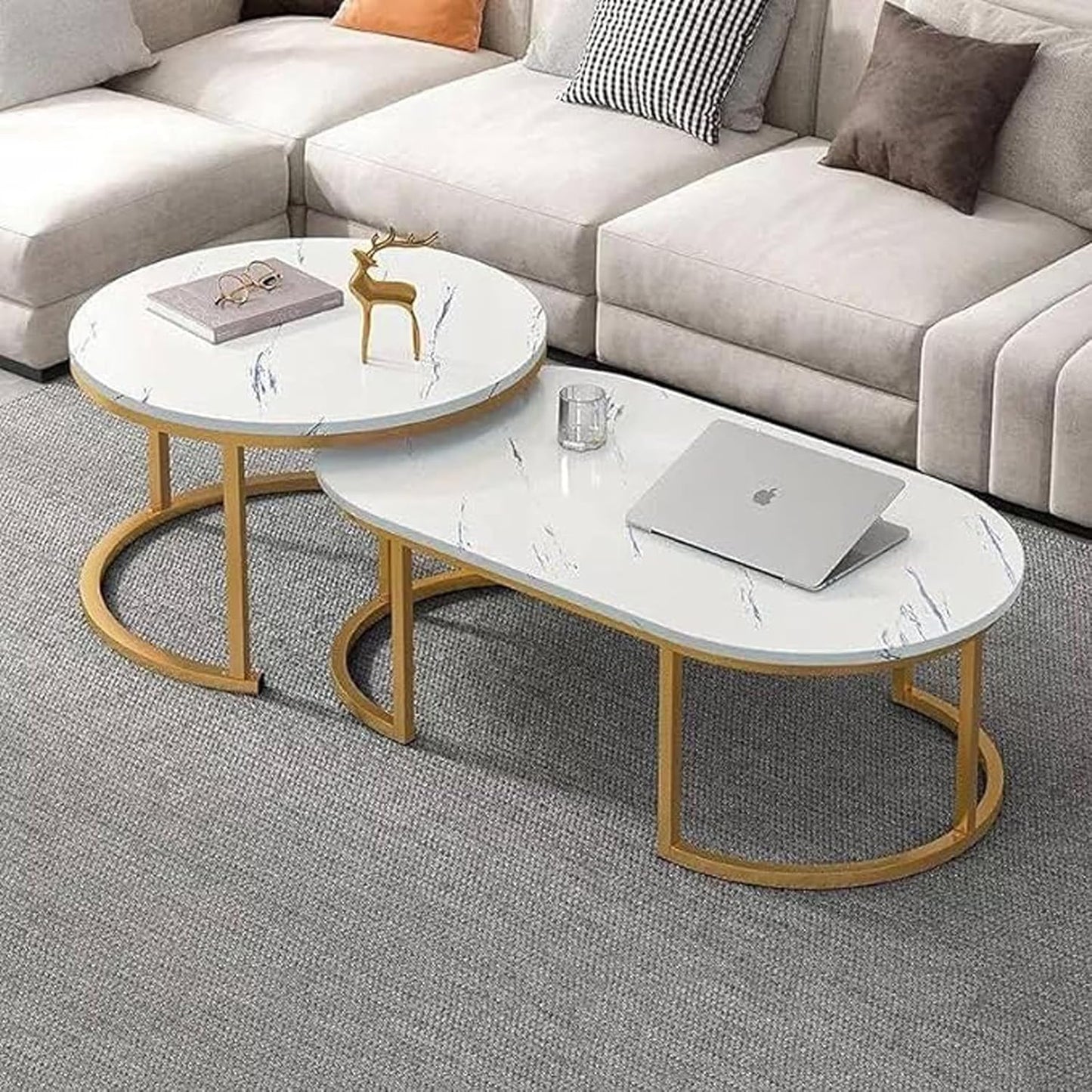 Oval Marble Texture Wooden Center Table