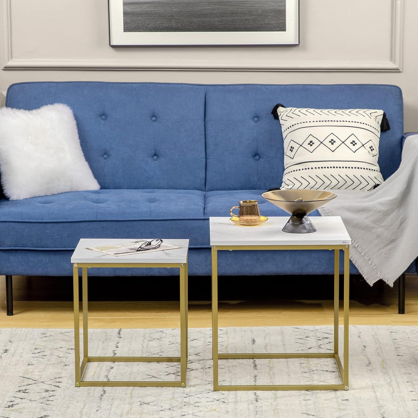 Square Nesting Tables Set of 2 Metal Frame Table for Living Room