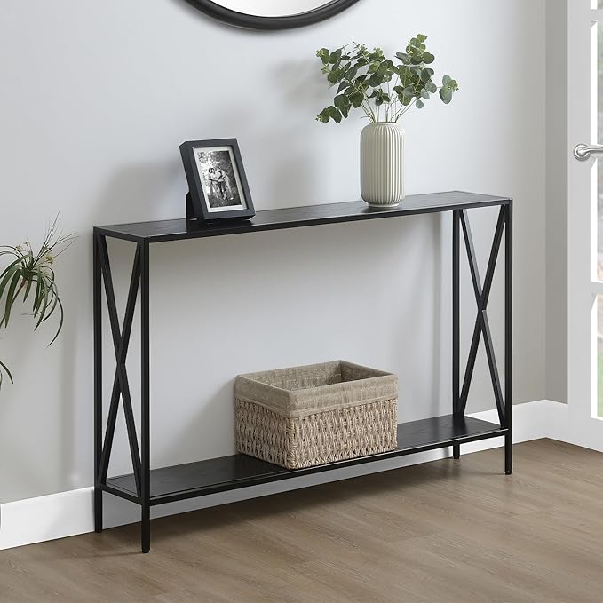 Black Metal Frame with Dual Shelves and Crossed Side Design, Perfect for Entryways, Hallways, or Behind Sofas