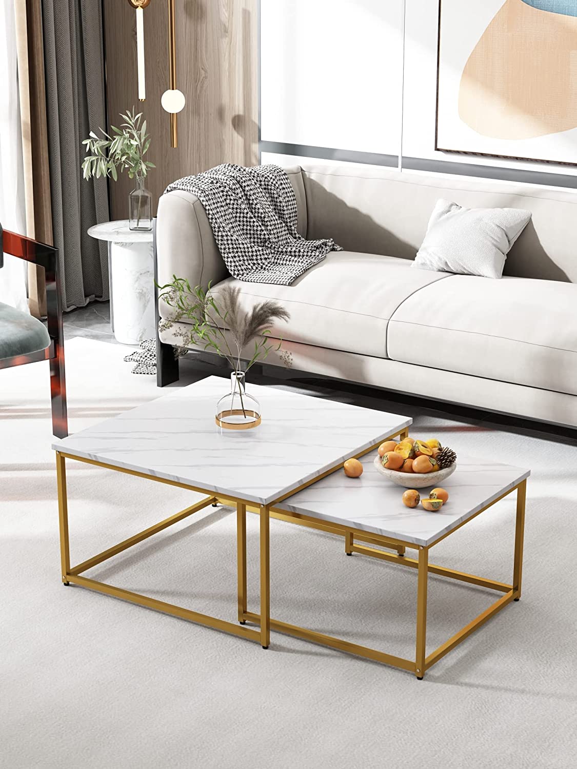 2 Pieces Square Nesting Table Set Center Table Gold paint Finish