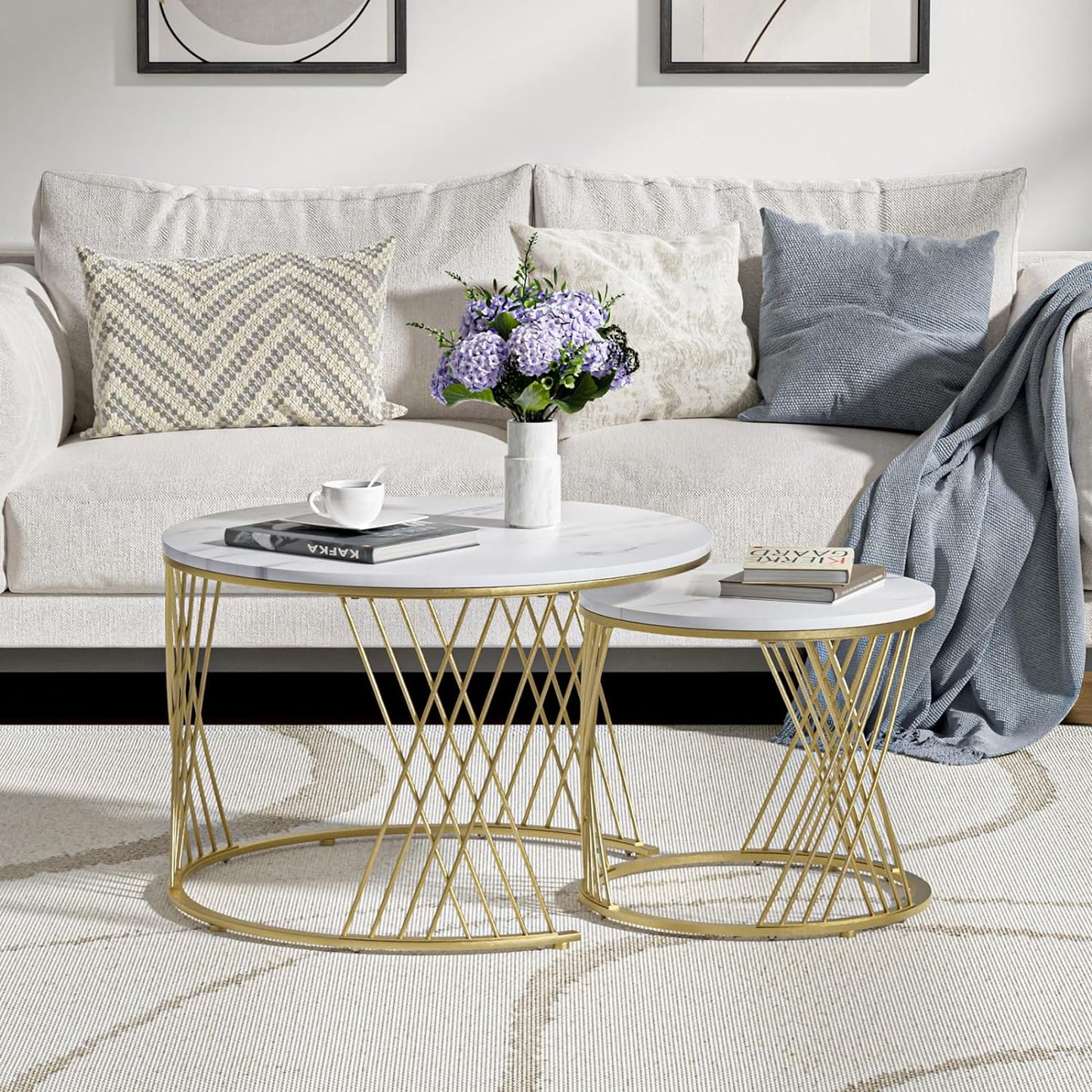 2 Pieces Round Center Table Marble Texture Top Living Room Table