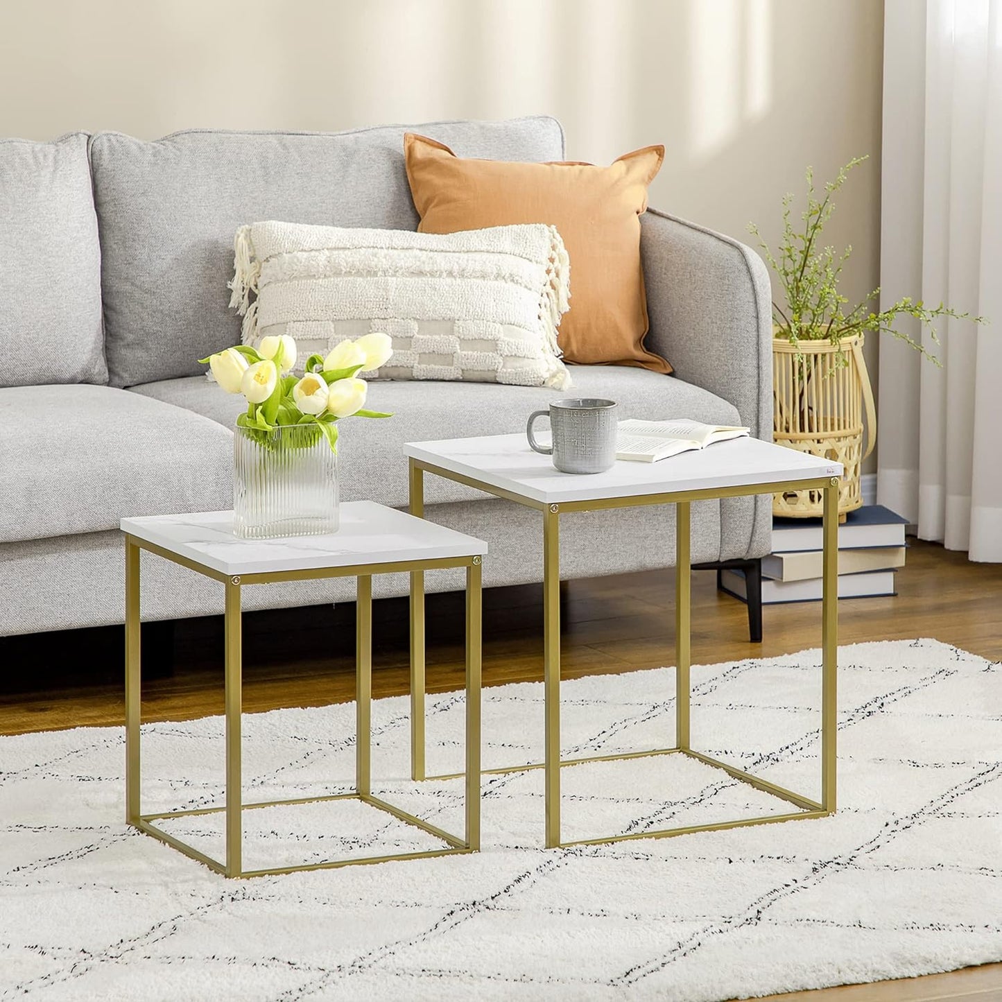 Square Nesting Tables Set of 2 Metal Frame Table for Living Room