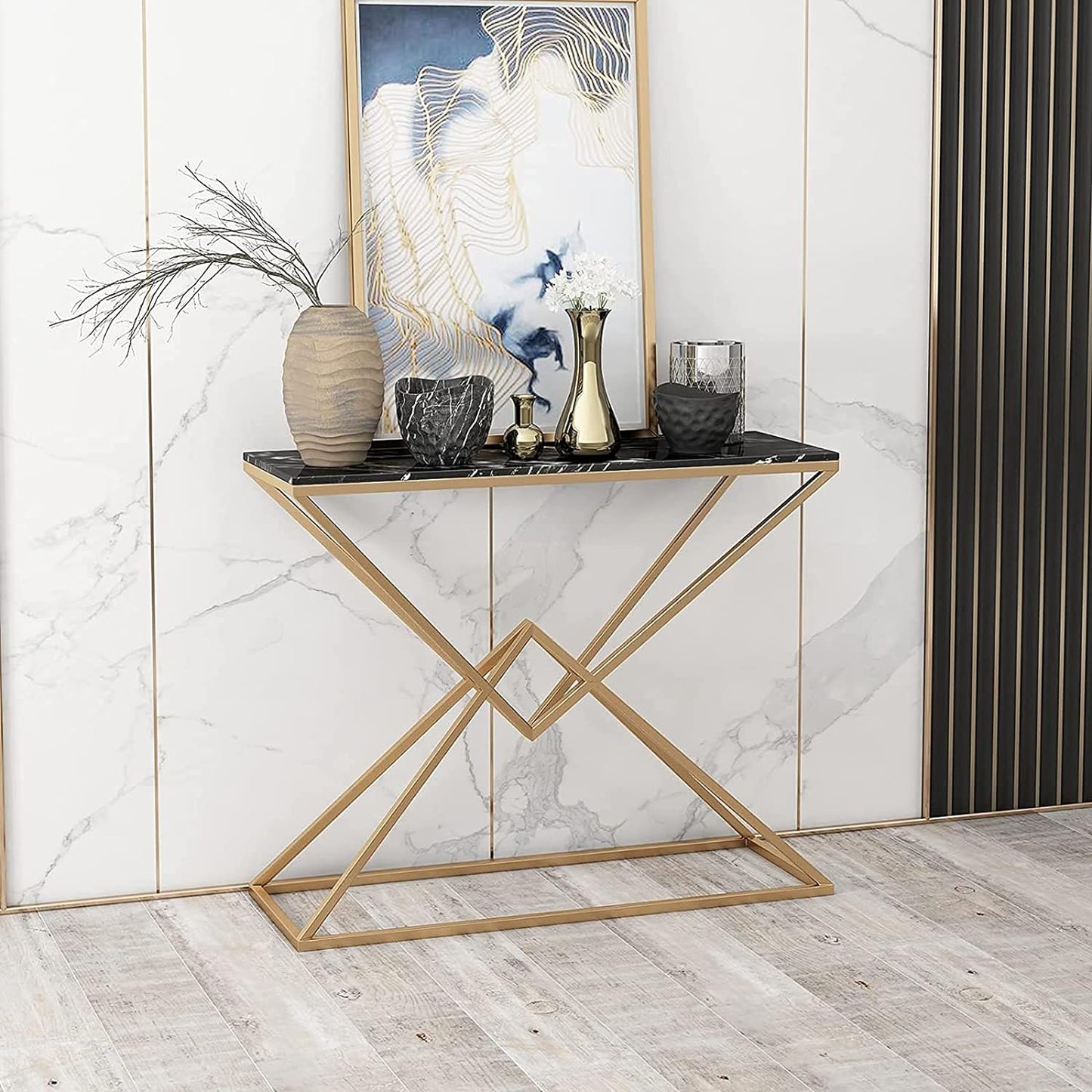 Diamond Console Table Luxury Style Gold Paint Finish