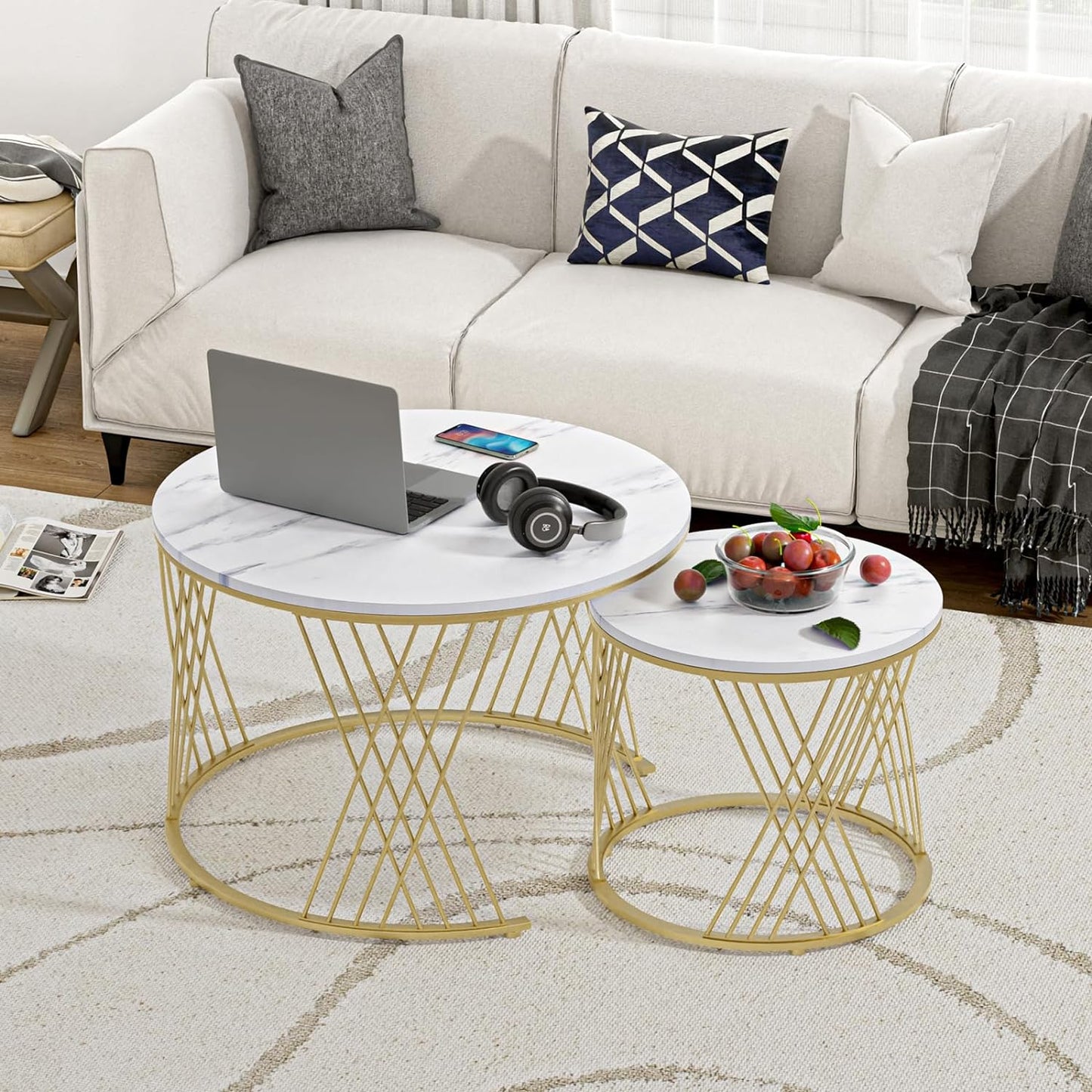 2 Pieces Round Center Table Marble Texture Top Living Room Table