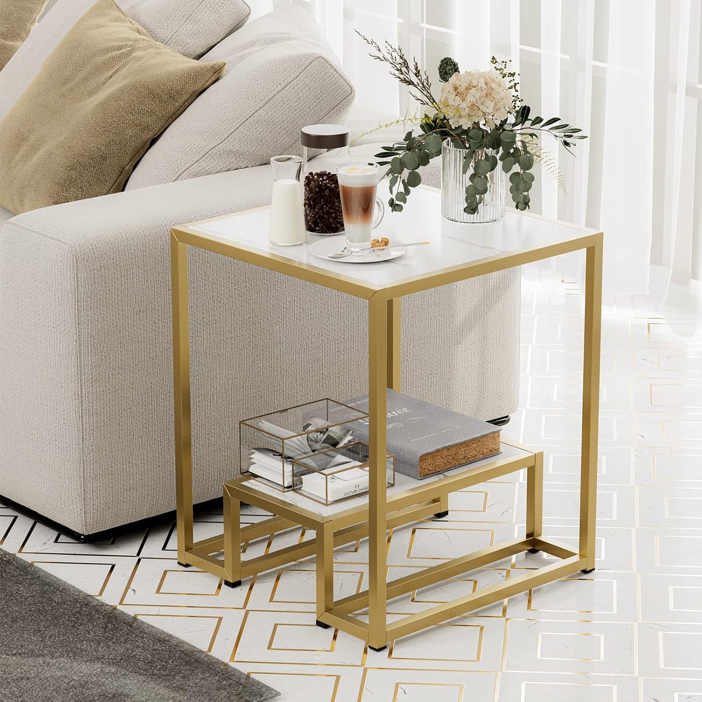 Square Top Two Tier Coffee Table Table Metal Frame End Table Elegant Look