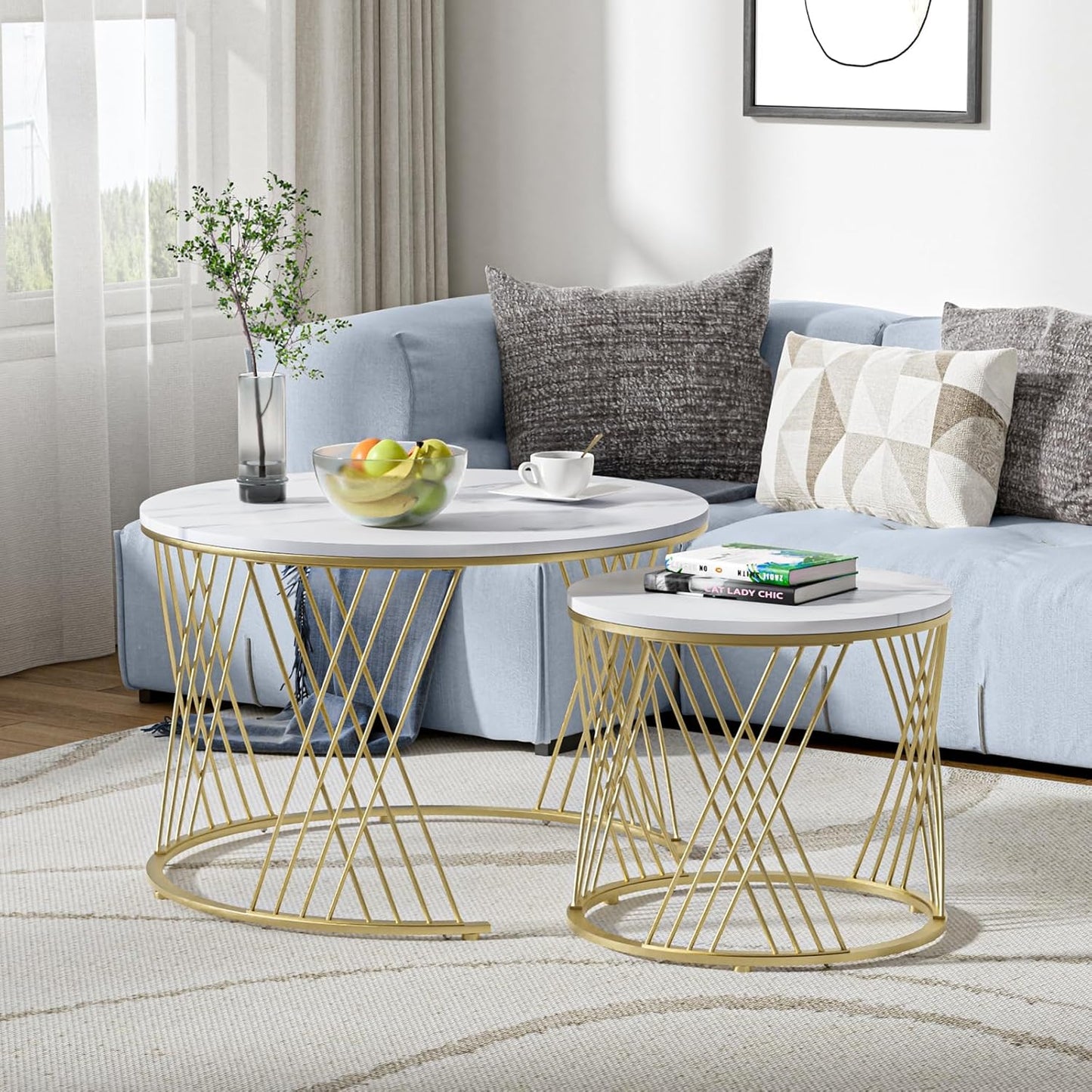 2 Pieces Round Center Table Marble Texture Top Living Room Table