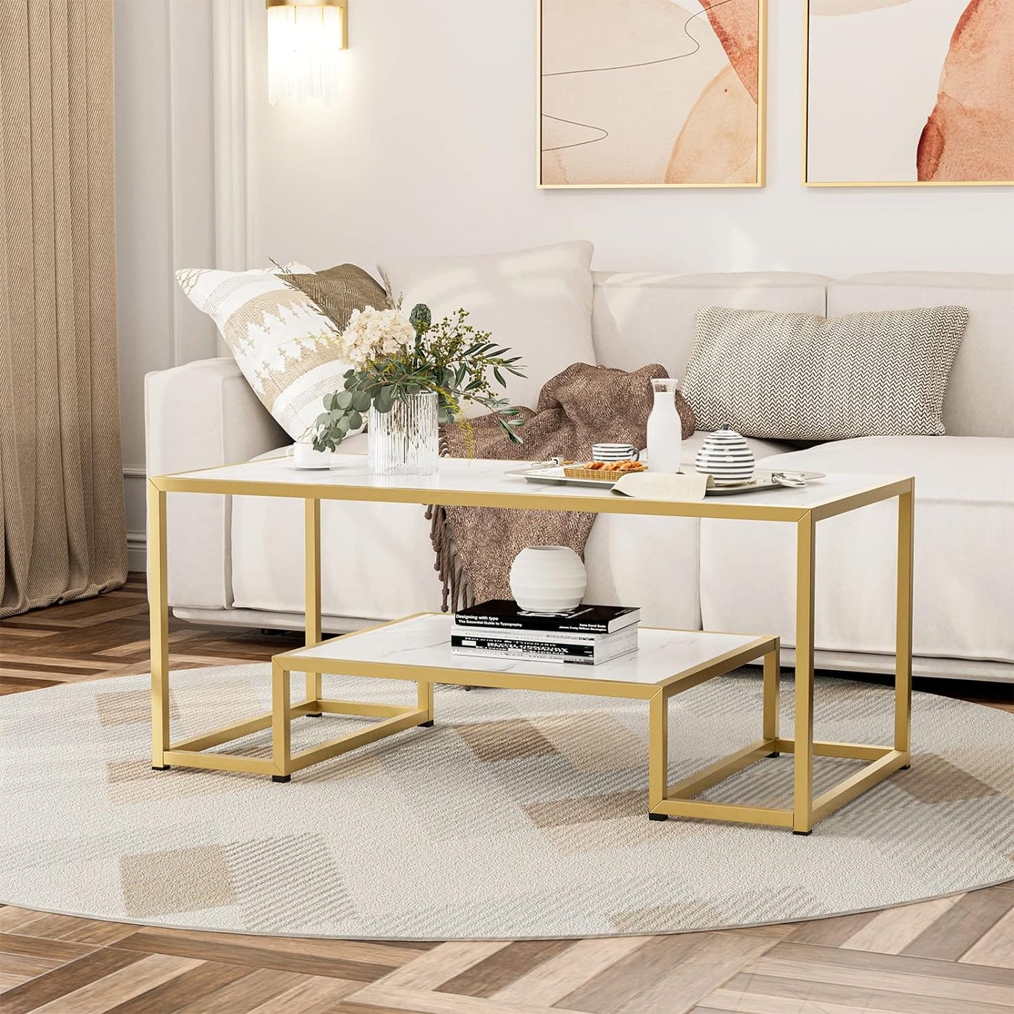 Modern Design Marble Texture Center Table Gold Paint Finish