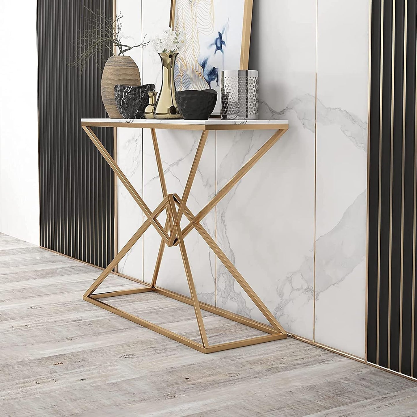Diamond Console Table Luxury Style Gold Paint Finish