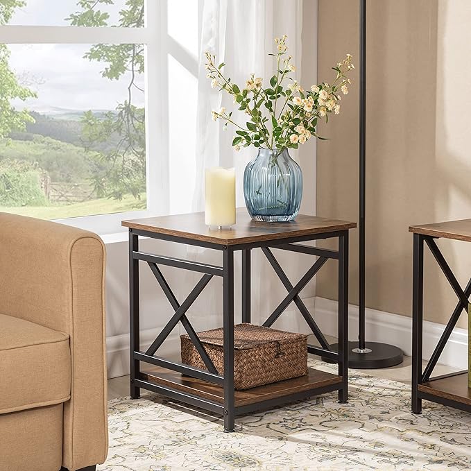 Triangle shape Frame Side Table Wooden Accent Table with Geometric Metal Design, 2-Tier Storage Elegant and Functional Home Styling."