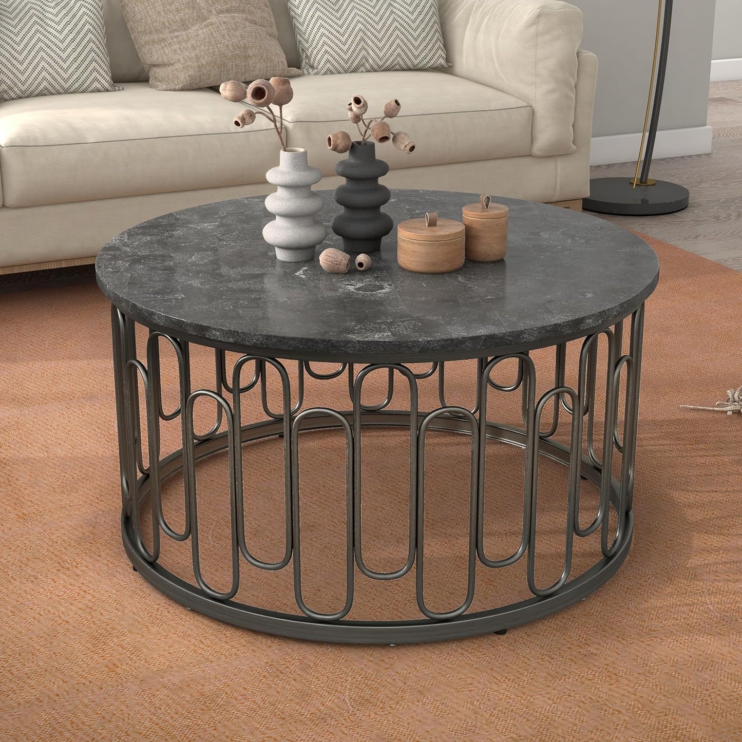 Modern Round Center Table with Coffee Tables – Wooden Marble Texture Top, Metal Legs, Living Room Decorative Metal Base Furniture (Set of 3)