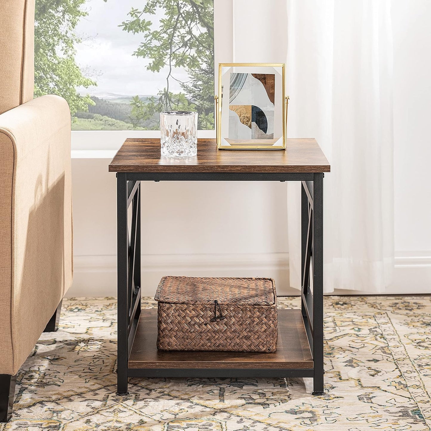 Triangle shape Frame Side Table Wooden Accent Table with Geometric Metal Design, 2-Tier Storage Elegant and Functional Home Styling."