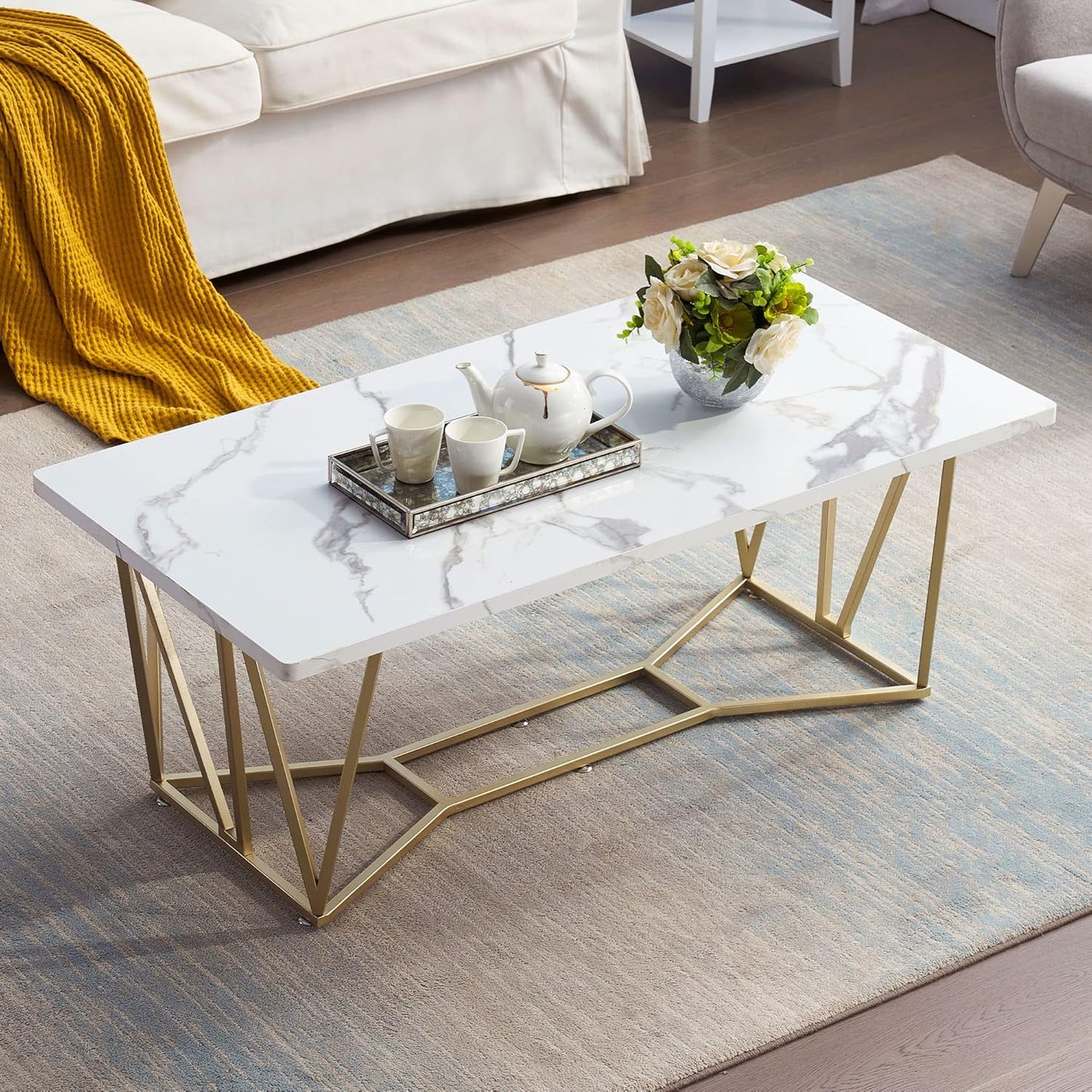 Square Center Table Gold Paint Finish Marble Texture Top