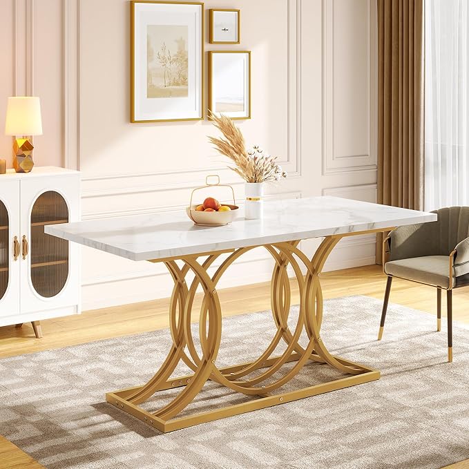 Dining Room Table for 4-6 People Modern Rectangle Kitchen Table with White Marble texture Table top and Gold Leg for Home Dining Room Kitchen Apartment