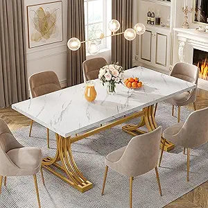 Rectangular Dining Table for 4 to 6, White Gold Kitchen Tables for Dining Room, Modern Dinner Table with Marble texture Top and Stylish Metal Legs (Only Dining Table)