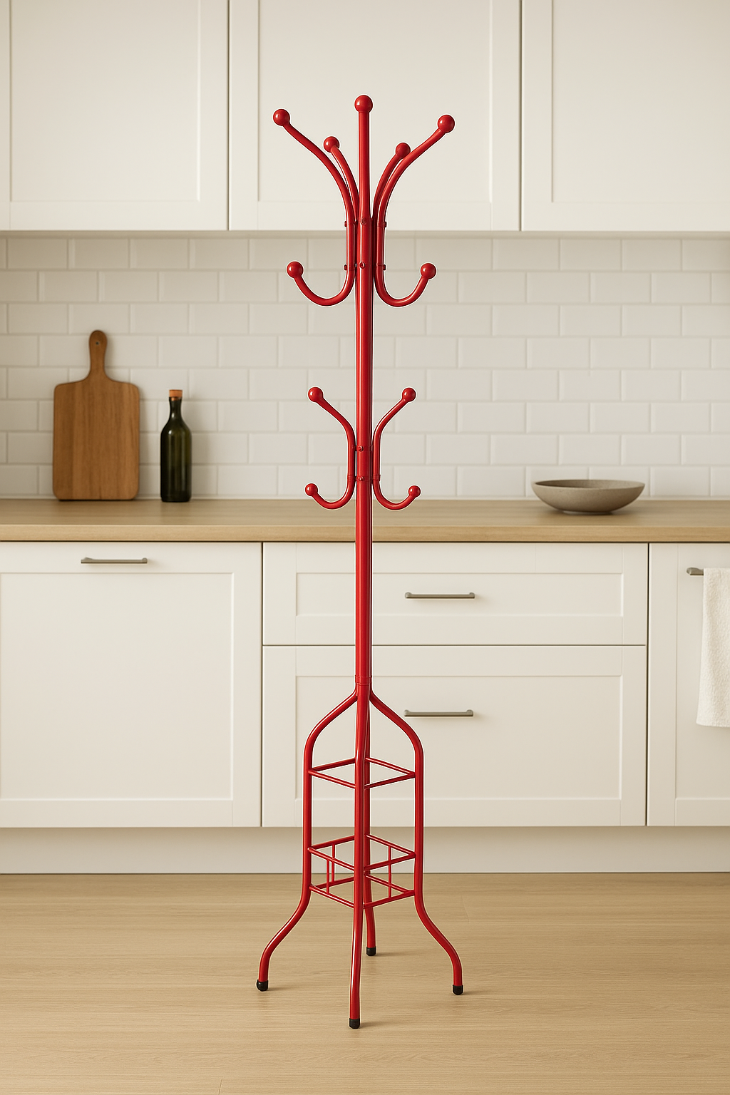 Metal coat and hat stand with round wooden base, featuring hooks for jackets and accessories, ideal for home or office organization.