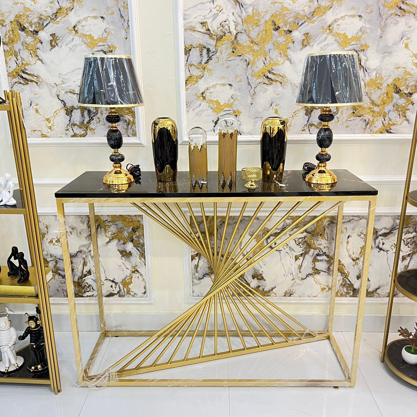 Curve Rode Based Console Table Luxury Look Marble Texture Top