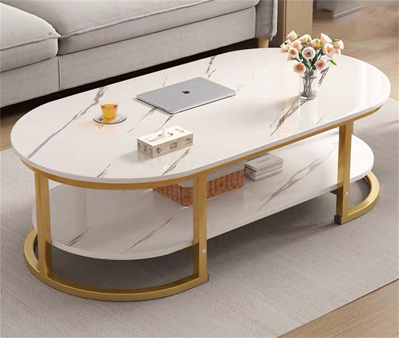 Modern Oval Shape Wooden Marble Texture Sheet Center Table – Elegant Design for Contemporary Living