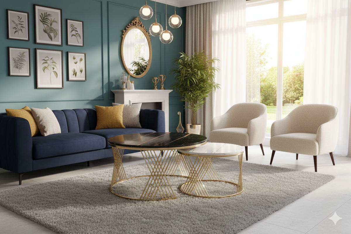 Elegant gold metal center table set with sleek design, perfect for stylish coffee tables in home or reception areas.