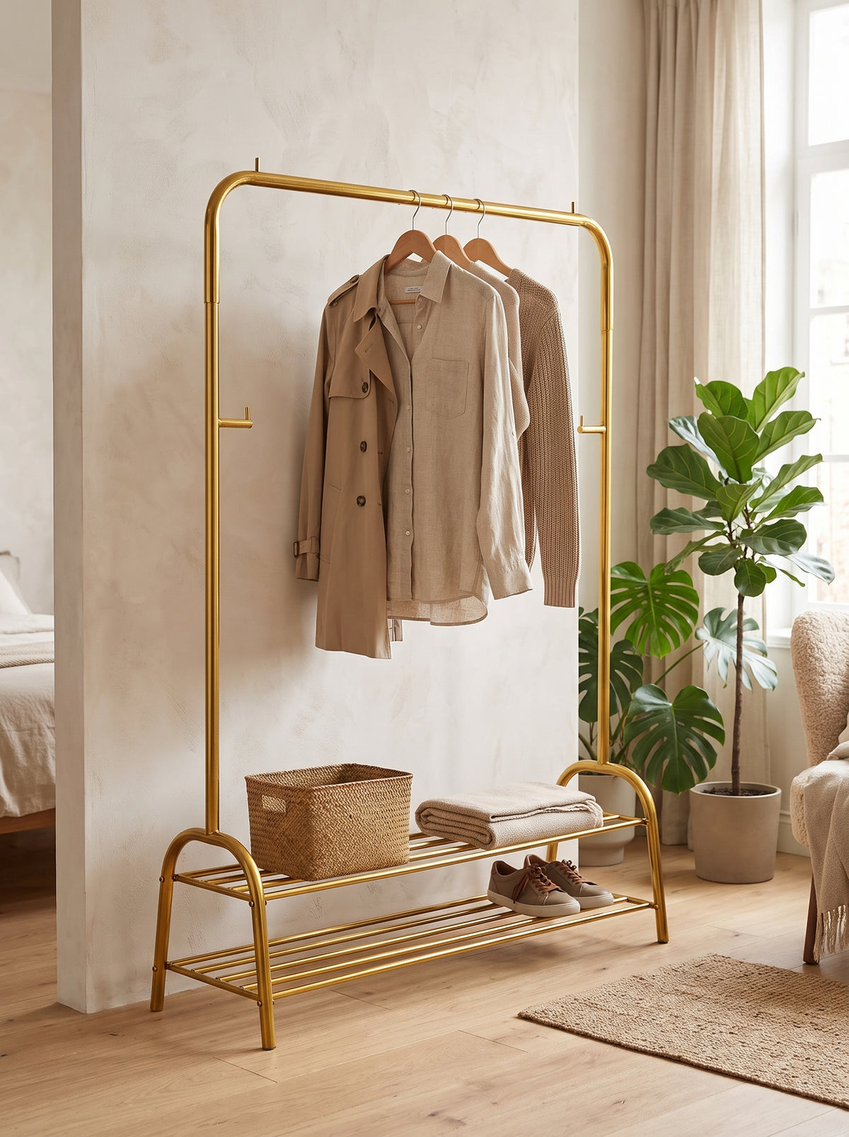 Metal Clothes Hanging Stand with Dual Shoe Rack & Side Hooks