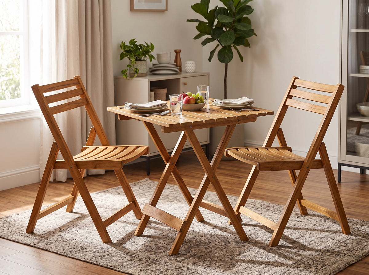 Slatted Round & Square Table with 2 Chairs for Kitchen, Balcony & Patio | Space-Saving Wooden Dining Set