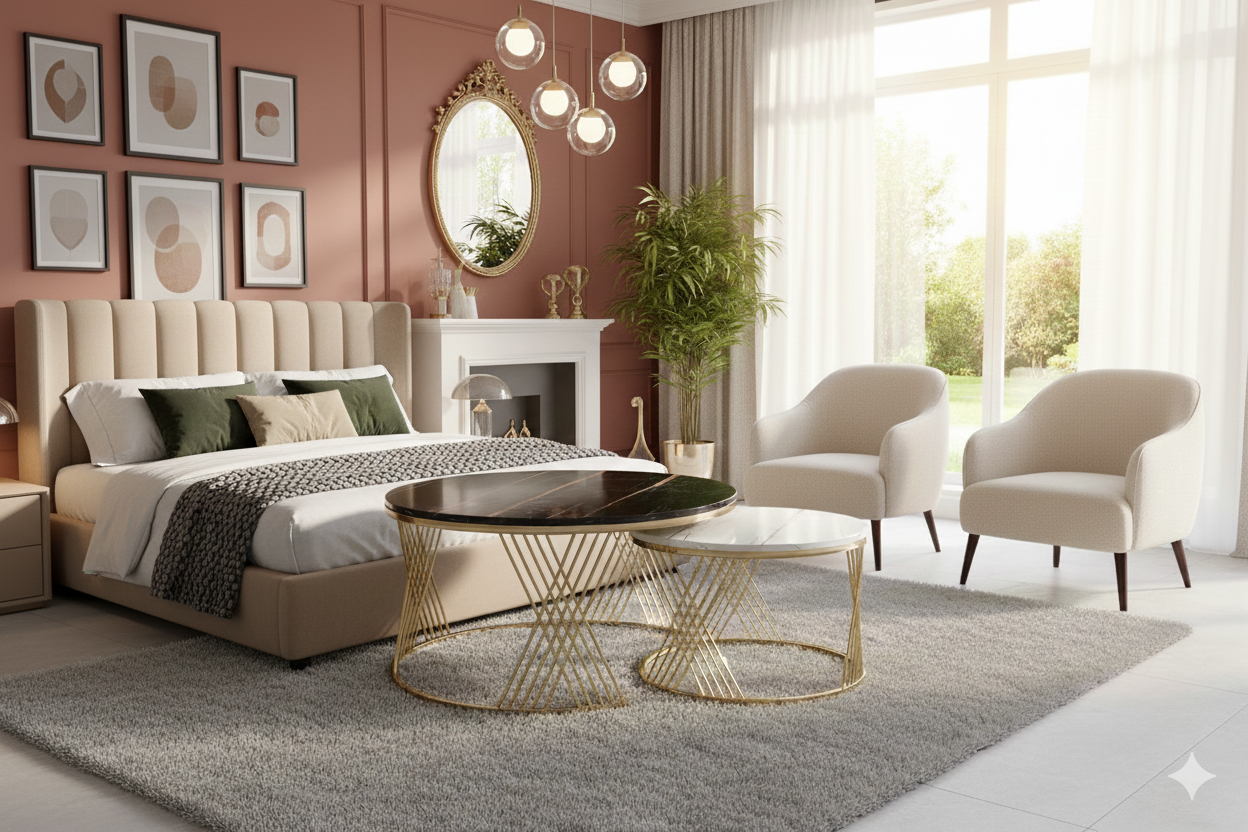 Elegant gold metal center table set featuring stylish coffee tables with sleek design, perfect for home or reception areas.