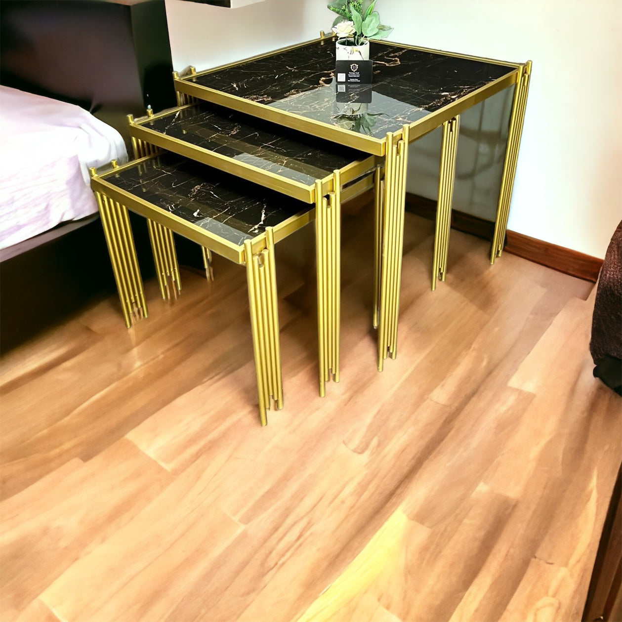 Elegant nesting Tables With Glass And Steel Frames stainless steel furniture & dining table by Khreedoo Furniture Home decor