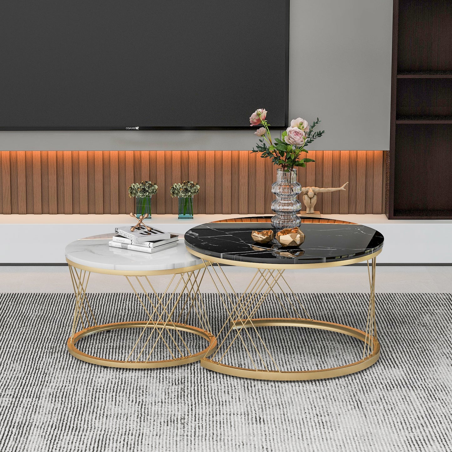 2 Pieces Round Center Table Marble Texture Top Living Room Table
