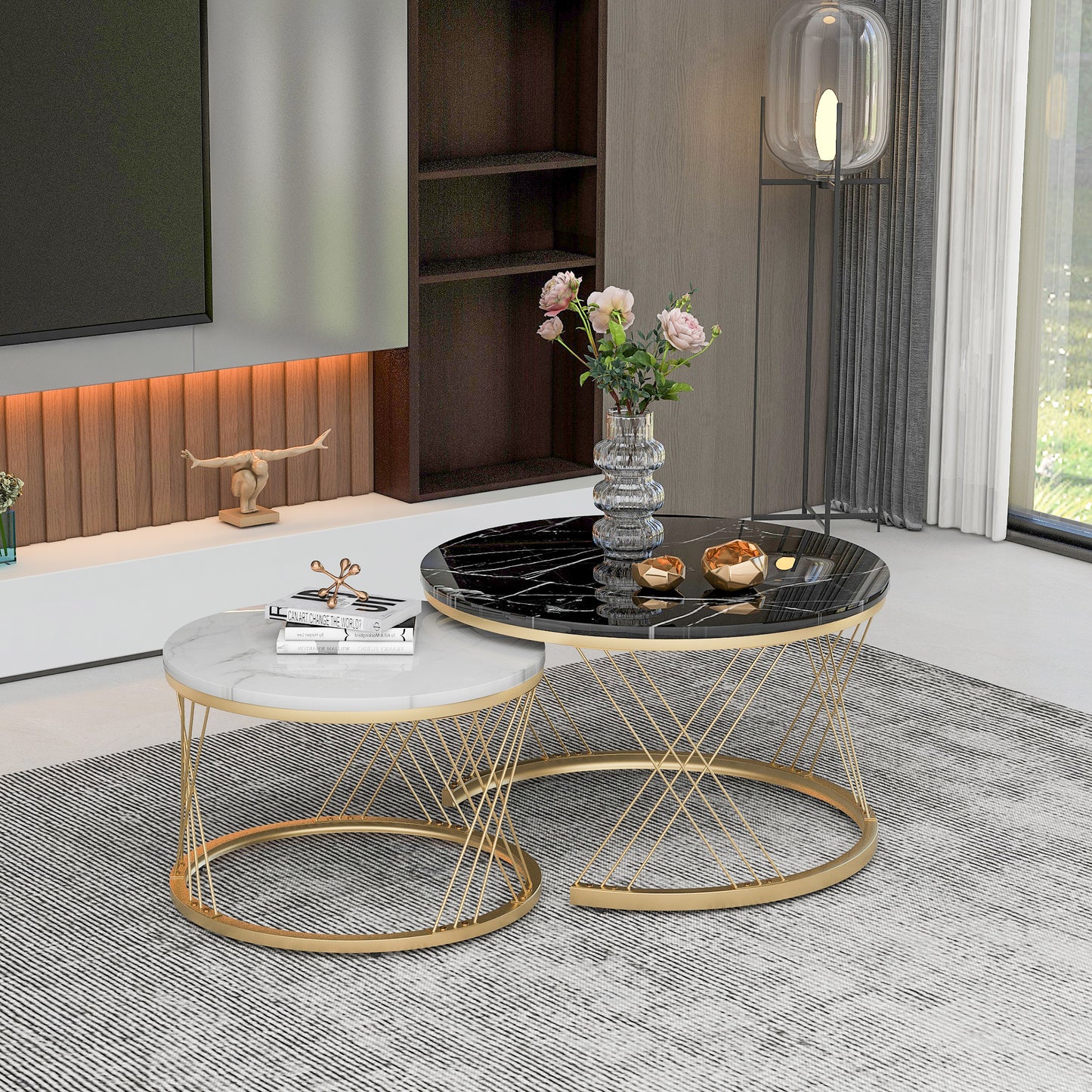 2 Pieces Round Center Table Marble Texture Top Living Room Table