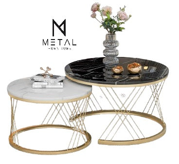 2 Pieces Round Center Table Marble Texture Top Living Room Table